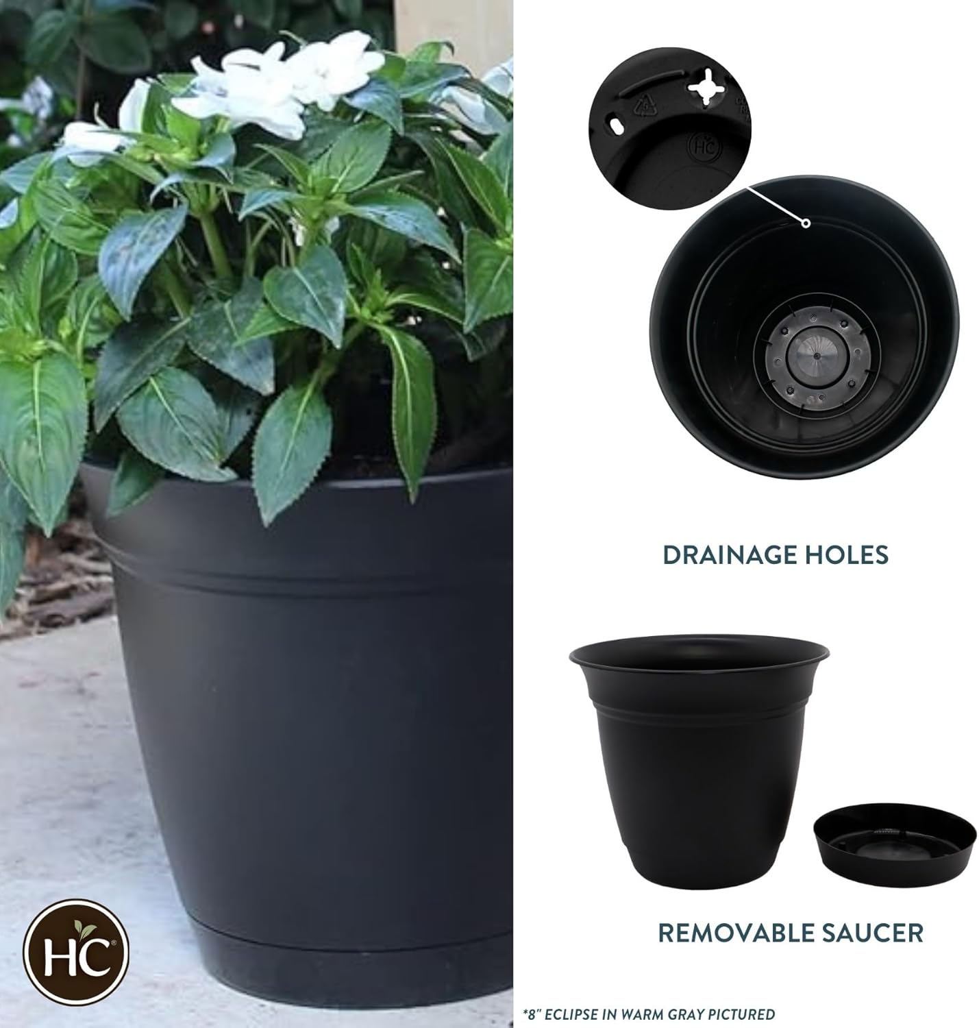 The HC Companies Eclipse Round Planter with Saucer - Outdoor & Indoor Plant Pot with Drainage Holes - Lightweight, UV-Resistant Plastic Pots for Plants, Flowers & Herbs (10" Black, Pack of 1)