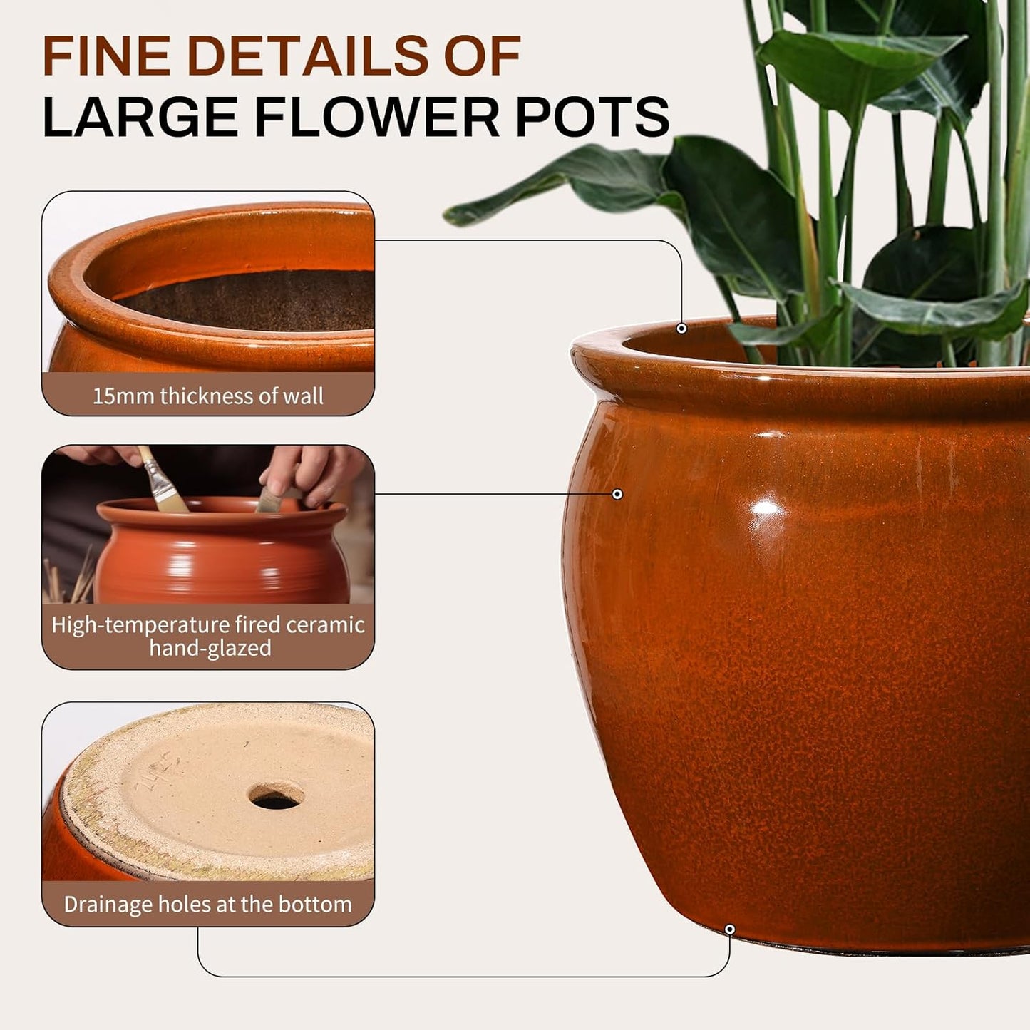 Ceramic Plant Pots Set of 3,9+11.6+14.6 Inch Flower Planters with Drainage Holes Indoor Outdoor, 19.8/8.7/3.8 Qt Capacity, Terracotta Brown Glaze