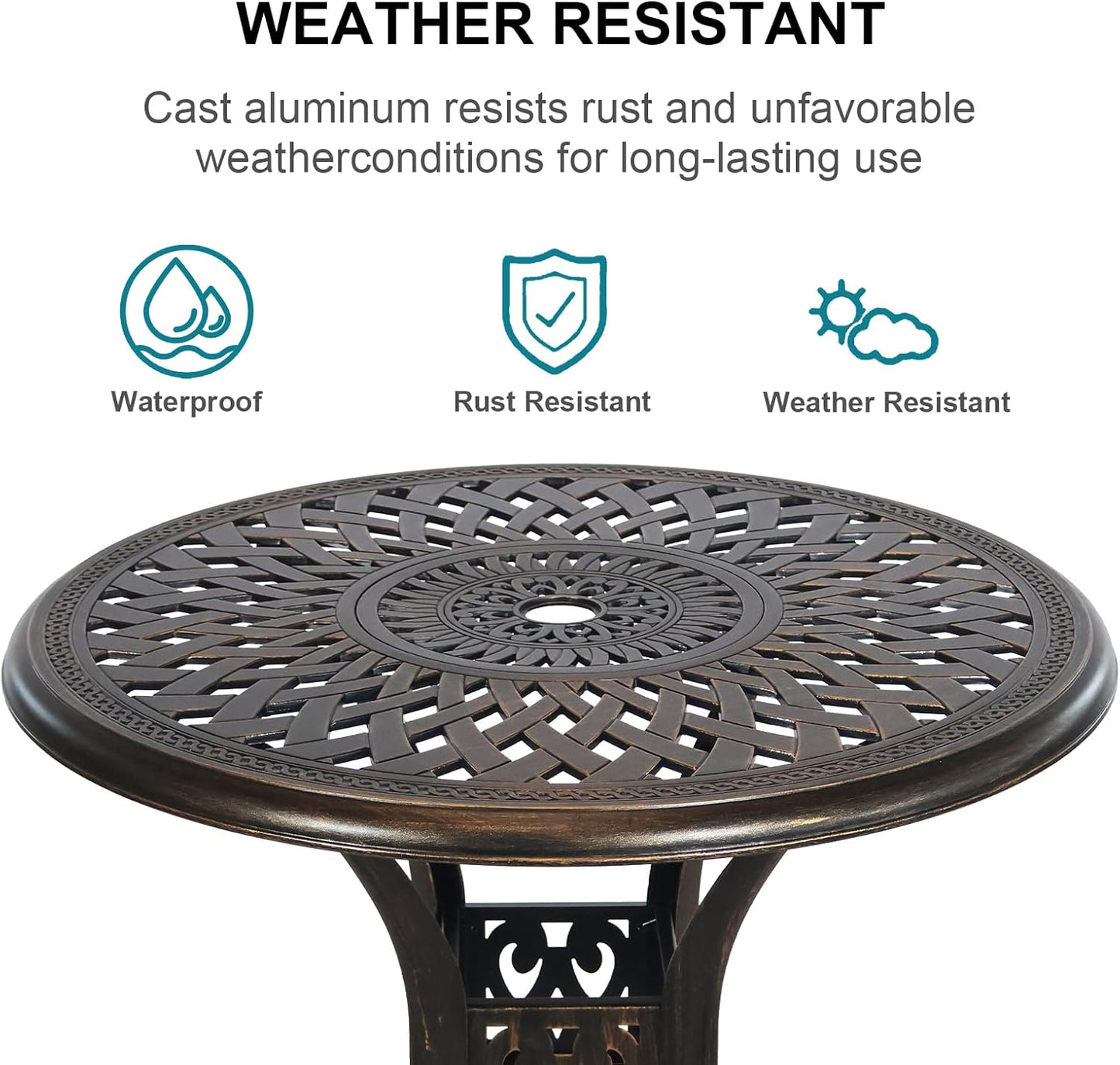 30.31" Outdoor Table and Chairs, Patio Table Set with 2.36" Umbrella Hole, Anti-Resistant Outdoor Dinning Set, Cast Aluminum Patio Furniture Set for Garden, Porch, Deck