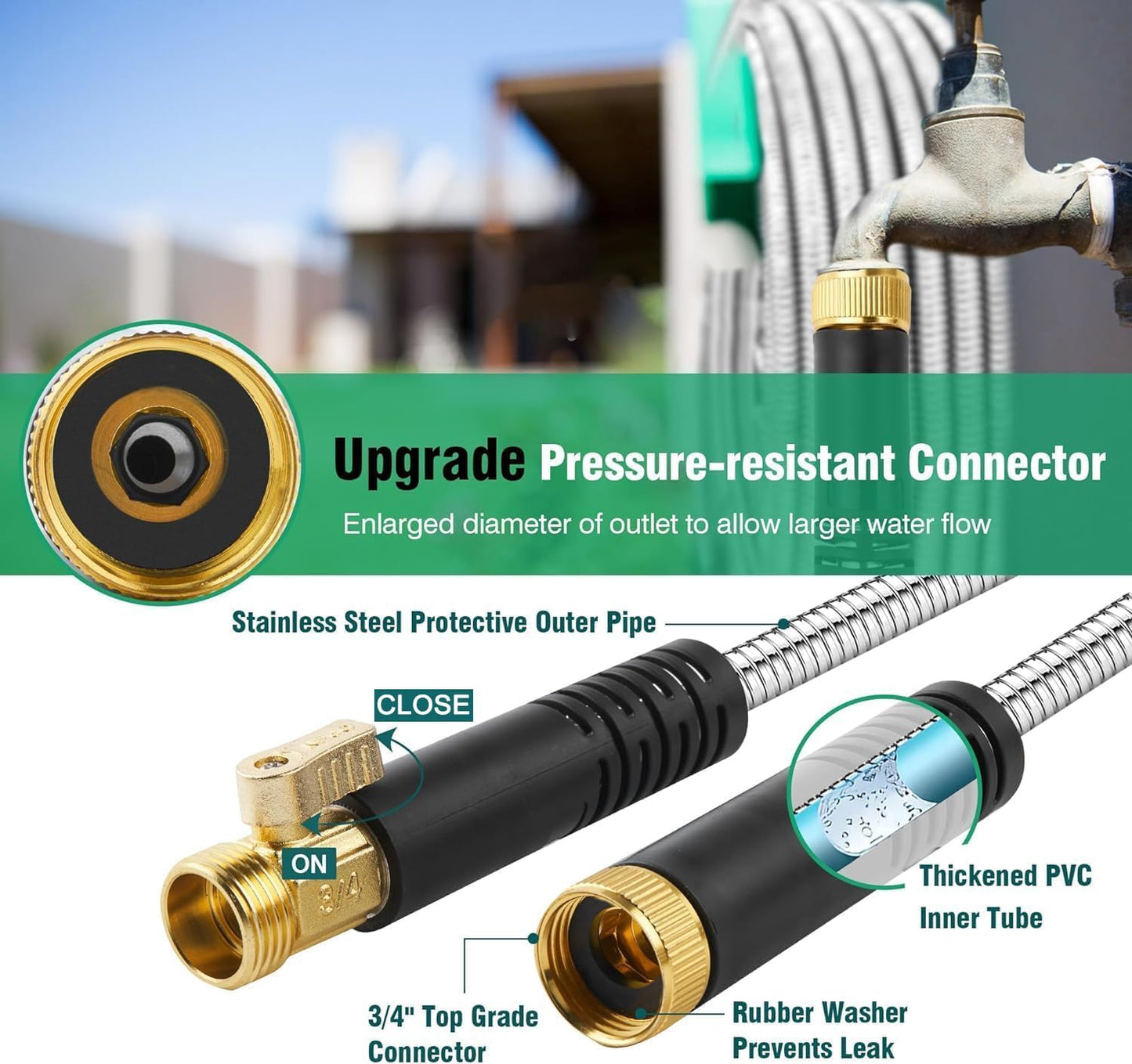 Metal Garden Hose 200Ft Stainless Steel Water Hose Heavy Duty with 10 Way Nozzle-Flexible Lightweight Durable No Kink & Tangle，Strong 3/4’’ Solid Metal Fitting Shut-Off Valve for Outdoor Yard
