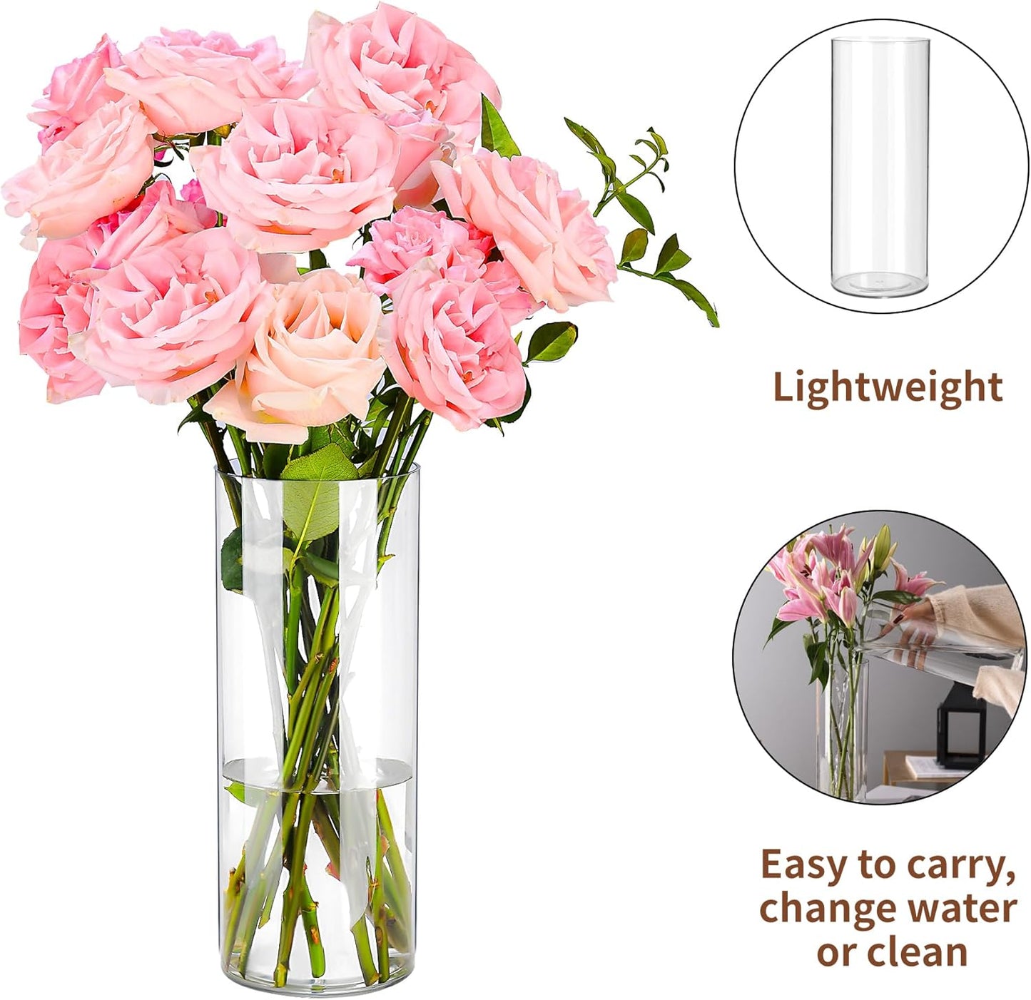 Clear Flower Vase, Non-breakable Vases, 5" W x 8" H, Acrylic Vase, Aesthetic Room Decor Cylindrical Modern Flower Vases for Table Centerpiece, Home Decor, Women Floral Arrangement Gift