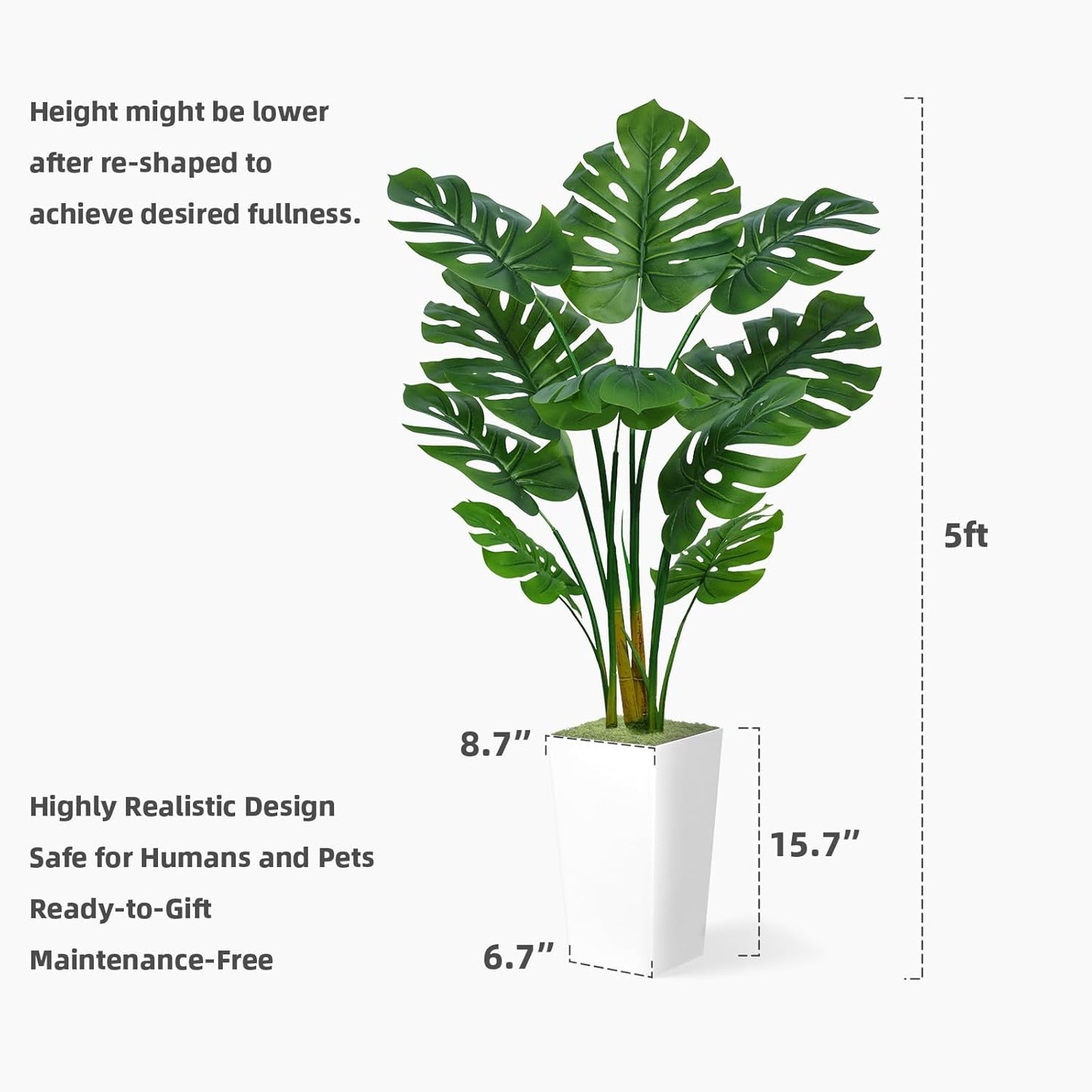 Artificial Monstera Deliciosa Plant 5FT - Faux Tropical Palm Tree with Gray Tall Planter - Fake Swiss Cheese Floor Plant Potted - Artificial Tree for Home Office Living Room Decor Indoor