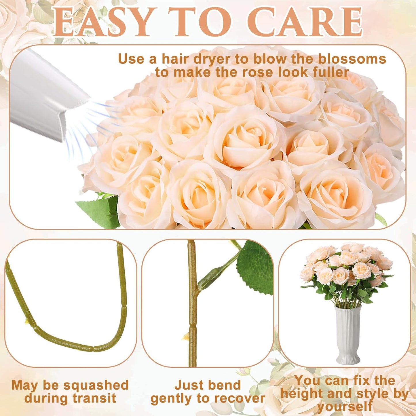 36 Pcs Champagne Artificial Roses with Long Stems, Fake Silk Rose Artificial Flowers Bulk for Bridal Wedding Bouquet Centerpiece Ball Arrangement Party Decor