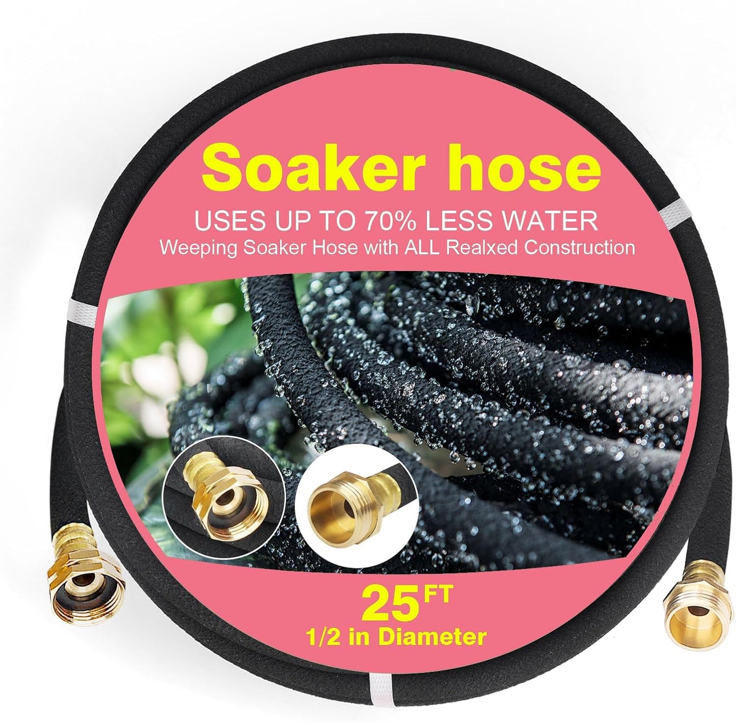 Soaker Hose 25 FT Pro for Garden Beds 1/2 Inch Rubber Longer Lasting Drip Irrigation Save 70% of Water Various Accessories Great for Lawn and Yard