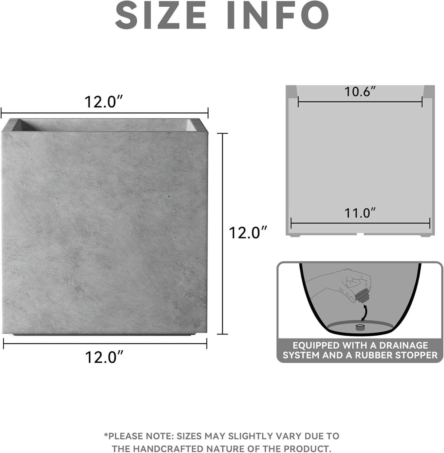 Kante 12 Inch Square Concrete Planter for Outdoor Indoor Home Patio Garden, Large Plant Pot with Drainage Hole and Rubber Plug, Natural Concrete