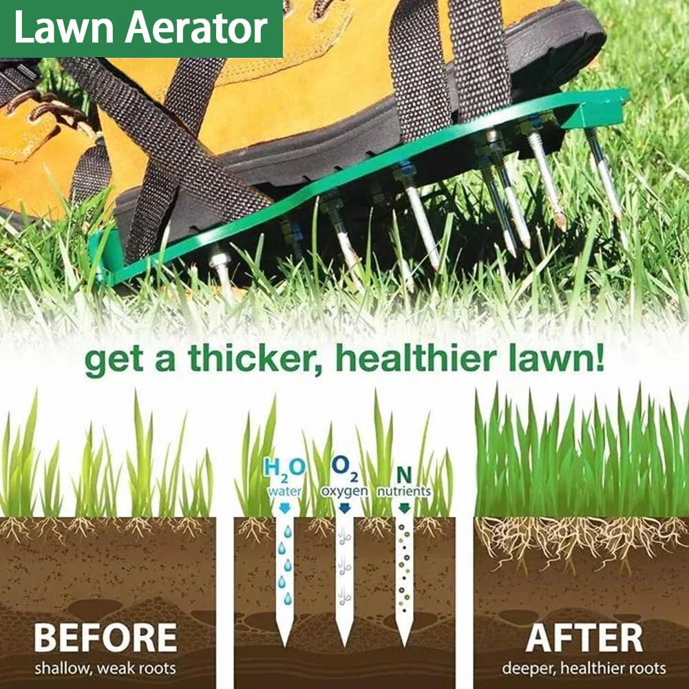 Aerator Shoes for Lawn, Long Spike Shoes for Self Levelling Floor with Hook & Loop Straps, Including Stainless Steel Shovel and Work Gloves, Spiked Aerating Sandals for Yard Patio Garden Grass Lawn