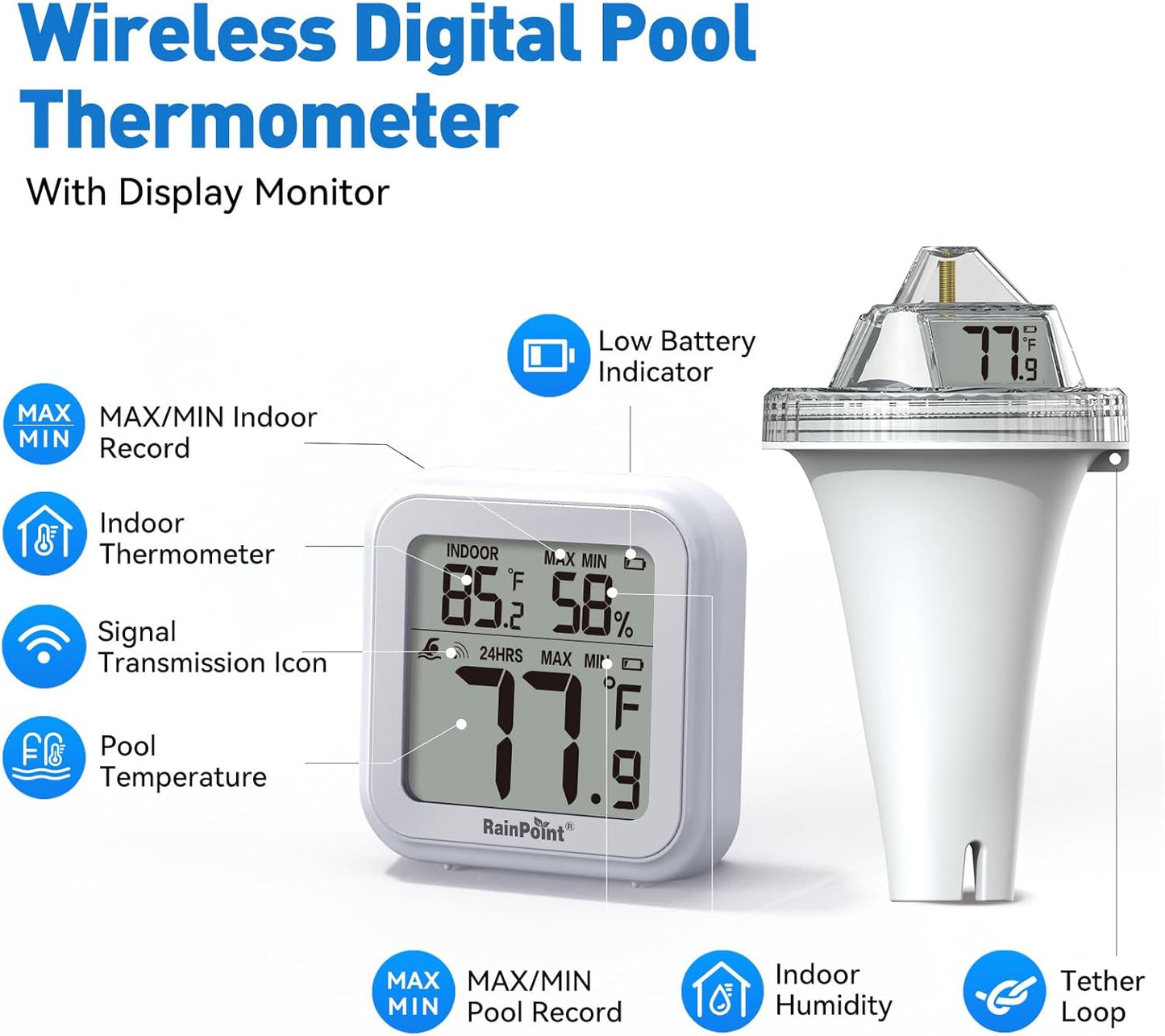 RAINPOINT Anti-Fog 360° Reading 3 Displays Wireless Digital Pool Thermometer Floating for Ice Bath,Dual-Layer IP68 Waterproofing Remote Temperature Monitor Easy Read Hot Tub SPA Inflatable Pool