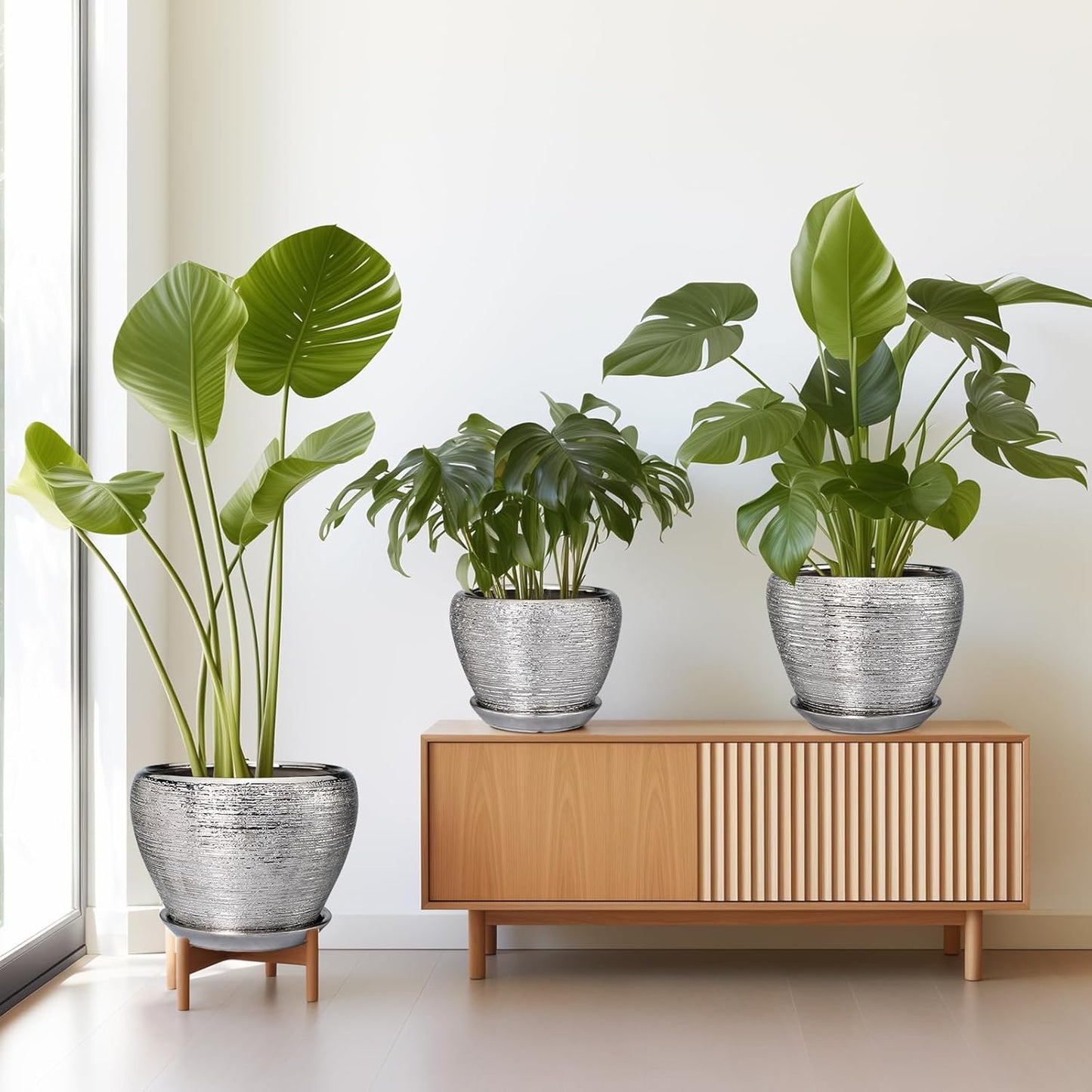 Ceramic Planters - 10 Inch 8 Inch 6 Inch Plant Pots Indoor with Drainage Holes and Saucer Mid-Century Large Planters Outdoor Flower Pots for Home Decor Set of 3 Silver