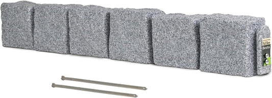 Beuta Landscape Edging | Garden Edging Border | Faux Stone Blocks for Lawn Edging, Flower Beds & Yard Edging – 1 Pack | Each Section Has 6 Blocks 48" L x 4" W x 6.5" H | 2 Spikes | Greystone