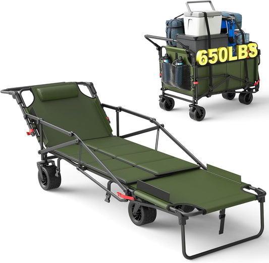 LEVELEVE Heavy Duty Folding Wagon - 2-in-1 Collapsible Cart, 650lb Capacity, All-Terrain Wheels w/Brakes & Side Pockets (Army Green)