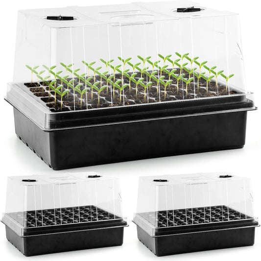 9pack Seed Starter Tray with Tall 5'' Dome-Thick Plastic Deep Cell Large Plant Germination Trays, Heavy Duty Seed Starting Kit, 486 Cells Plant Seedling Tray for Balcony Greenhouse (54 Cells per Tray)