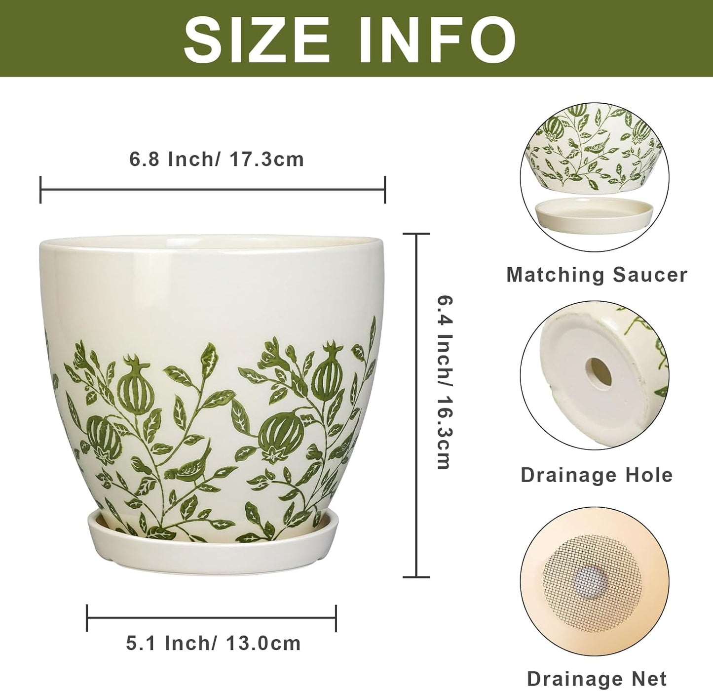 Ceramic Pot for Plants 6.8 Inch - Ceramic Plant Pot Indoor with Drainage Hole and Saucer, Round Boho Planter for Indoor Outdoor Plants, Plant Lover Gifts, Home Office Garden Decor, White