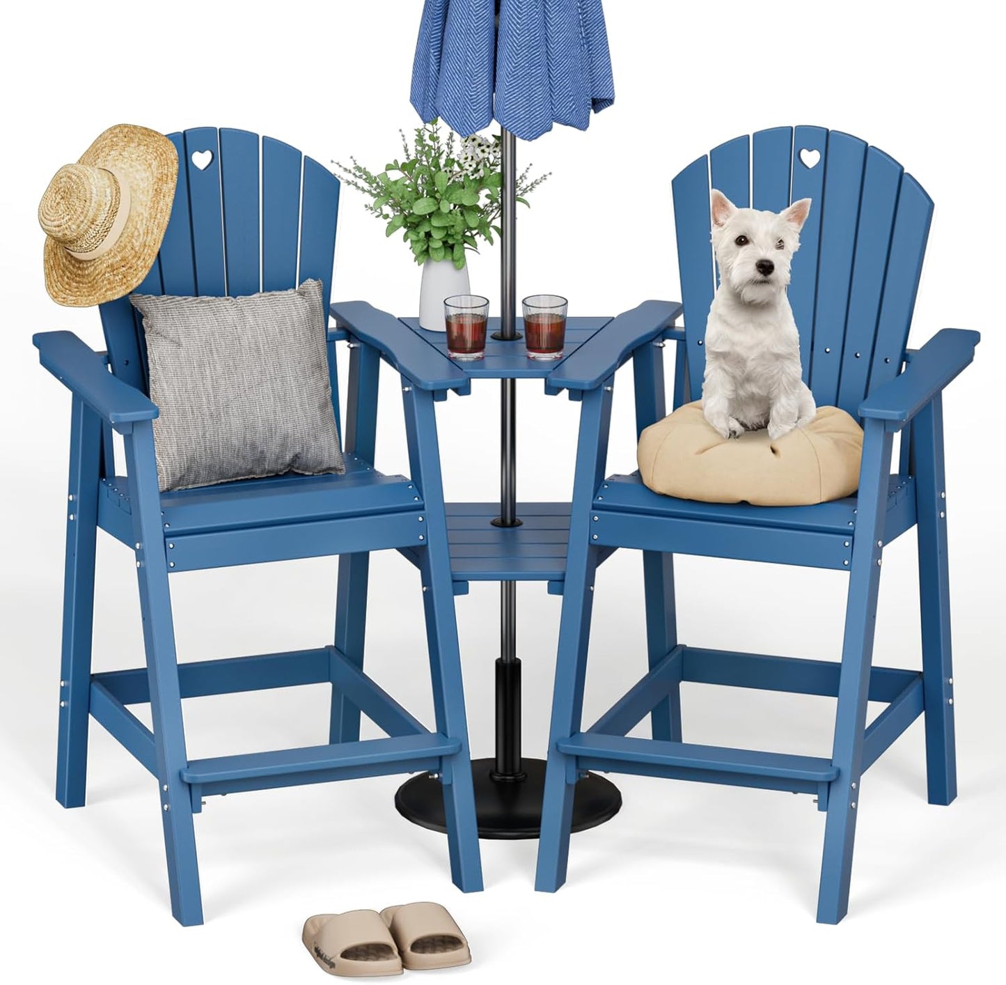 Tall Adirondack Chairs Set of 2-Durable HDPE Outdoor Bar Stools with Double Connecting Tray, Weatherproof Patio Furniture for Poolside, Backyard, Deck & Lawn Relaxation (Navy Blue)