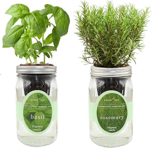 2-Pack Hydroponic Mason Jar Herb Garden Kit, Indoor Herb Garden Self-Watering Starter Kit (Basil,Rosemary)