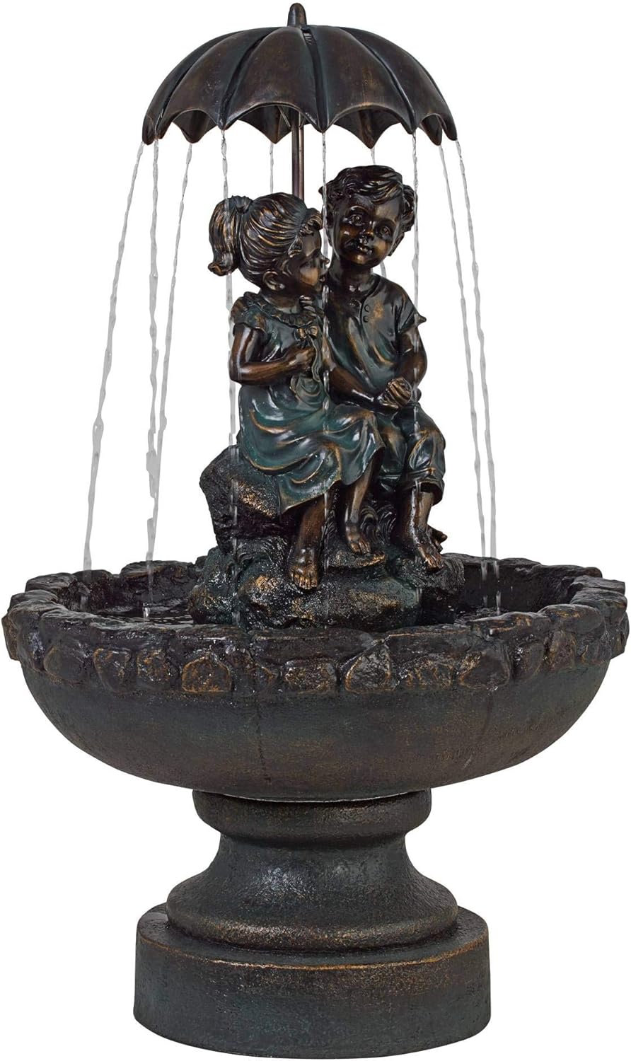 Boy and Girl Under Umbrella 40" High Large Rustic Indoor Outdoor Decor Bronze Floor Fountain Standing Waterfall Basin Water Feature for Outside Garden Patio Yard Backyard Porch Deck - John Timberland