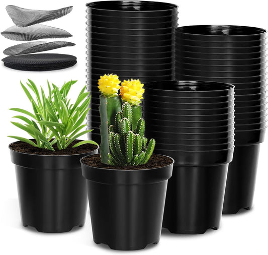 40 Pack 4 Inch Plant Nursery Pots with Mesh Pad, Sturdy Plastic Flower Planter Pots with Drainage Holes, Seed Starter Pots for Planting Seedings Cuttings Succulents Indoor Ourdoor, Black