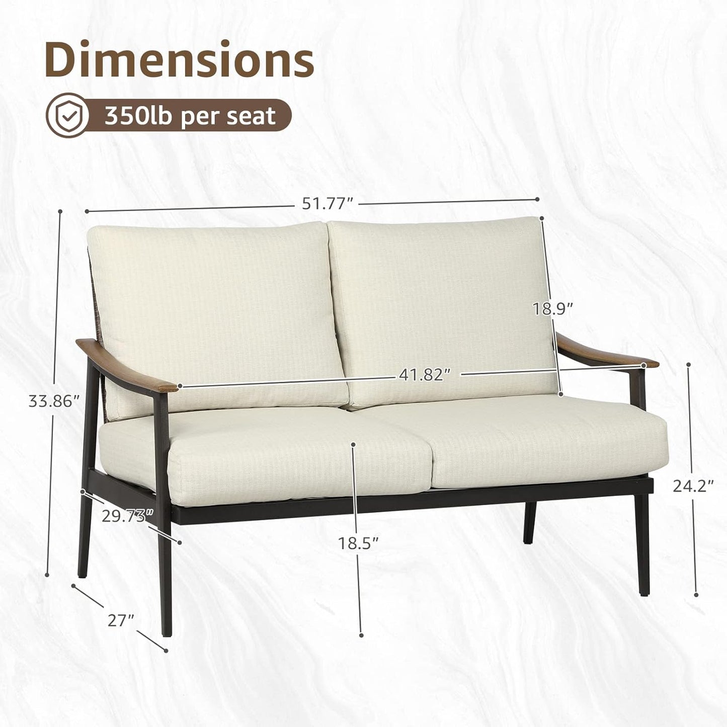 NATURAL EXPRESSIONS Patio Loveseat Sofa Outdoor Furniture Metal Chair with Wicker Backrest & 6 Inches Cushion for Indoor, Front Porch, Deck, Balcony, Backyard, 51.77"(L) x 29.75"(W) x 33.86"(H).