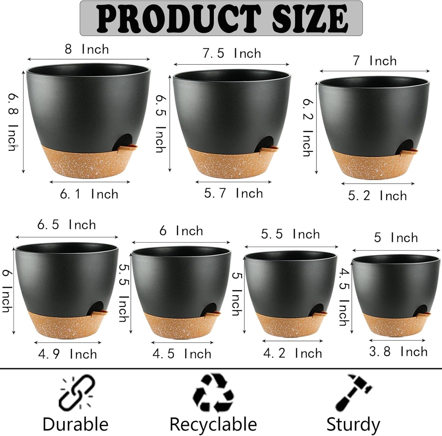 Indoor Pots For Plant Self Watering Plant Pots For Lazy People, 8/7.5/7/6.5/6/5.5/5 Inch,Black Plastic Self Watering Planter For All Houseplants,Succulent, African violets, Flowers And Cactus