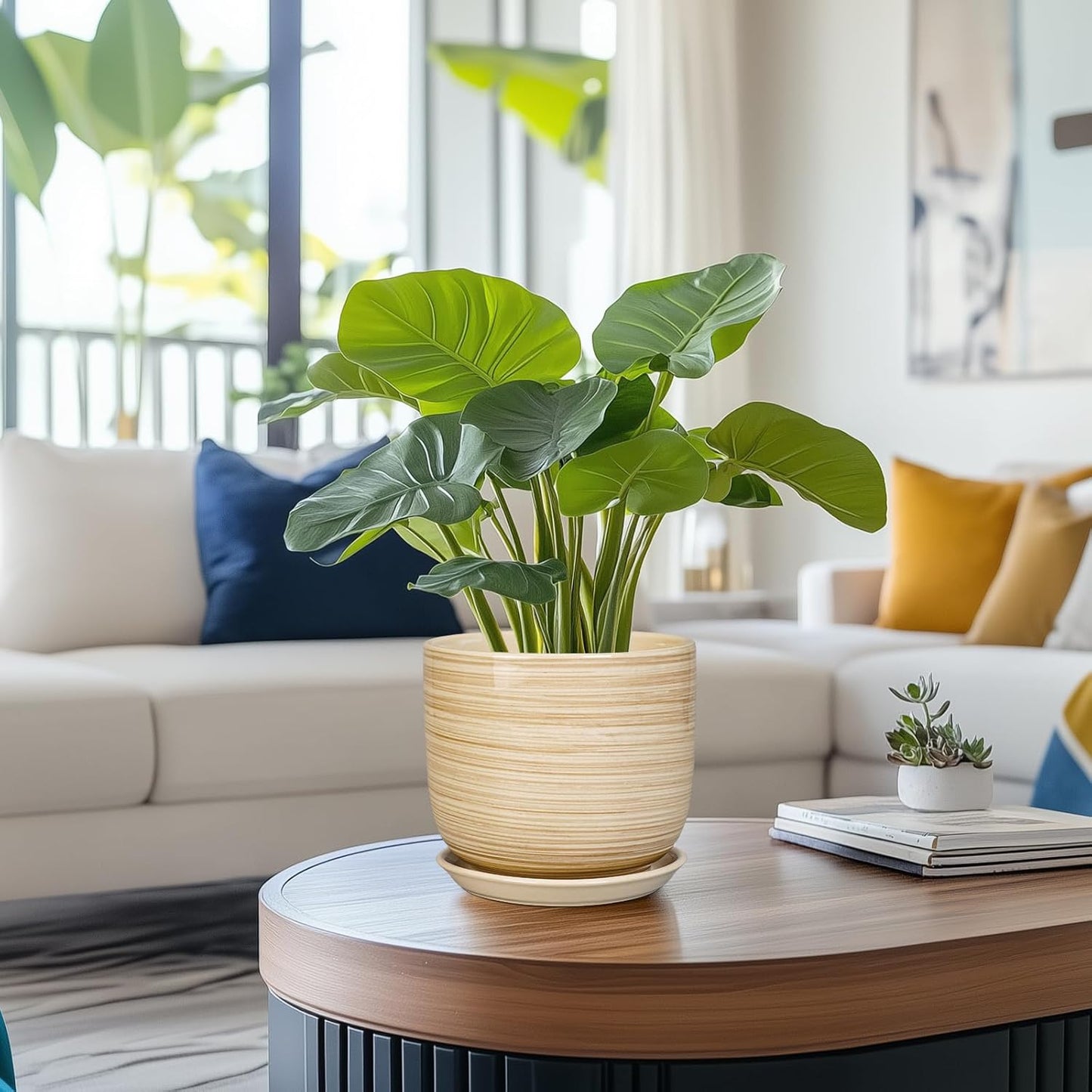 Ceramic Planter for Indoor Plants 7 Inch - Cylinder Modern Indoor Plant Pot with Drainage Hole and Saucer, Home Patio Office Bathroom Decor, Yellow