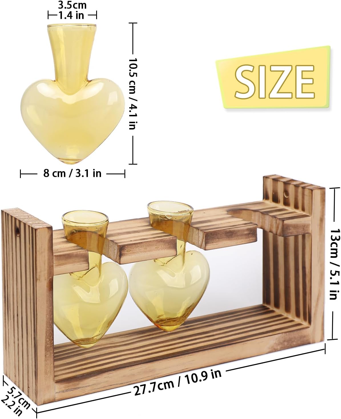 Plant Terrarium Propagation Stations Hydroponics Home Garden Decoration Gift for Women with Wooden Stand Heart Shaped Colored Glass Vase