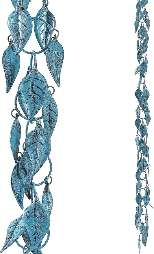 Leaves Rain Chain, 8.5 Ft Rain Chains for Gutters and Downspouts, Decorative Gutter Chain Downspout, Metal Leaf Rain Catcher Chain for Outside, Antique Blue Rainchain, Outdoor Garden Decor