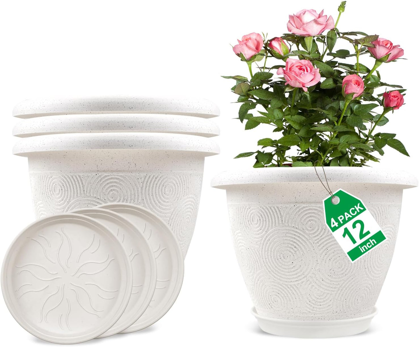 Plastic Flower Pots Planters for Indoor Plants, 4 Pack 12 Inch White Plant Pots with Drainage Hole & Tray, Modern Decorative Large Plant Pot with Saucer for Indoor Outdoor Plants Garden House Planter