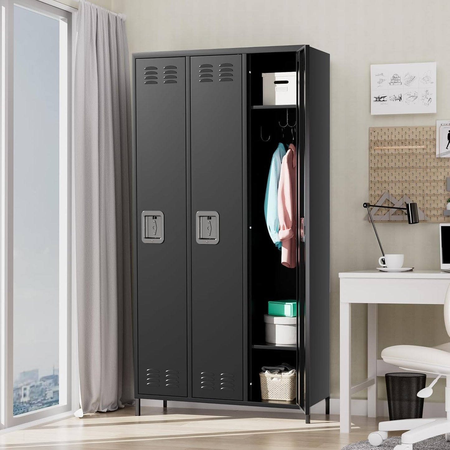 3 Doors Metal Lockers for Employees with 6 Hooks, Black Steel Storage Locker Cabinet, 72" Tall Lockers for Offices School Gyms Home Bedroom