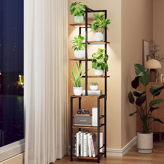 Plant Stand Indoor with Grow Light, 7-Tiered Tall Plant Stand Indoor, Metal Plant Shelf with Bookshelf Bookcase and Adjustable Light, Ideal for Living Room, Reading room, Garden, Patio (Brown)