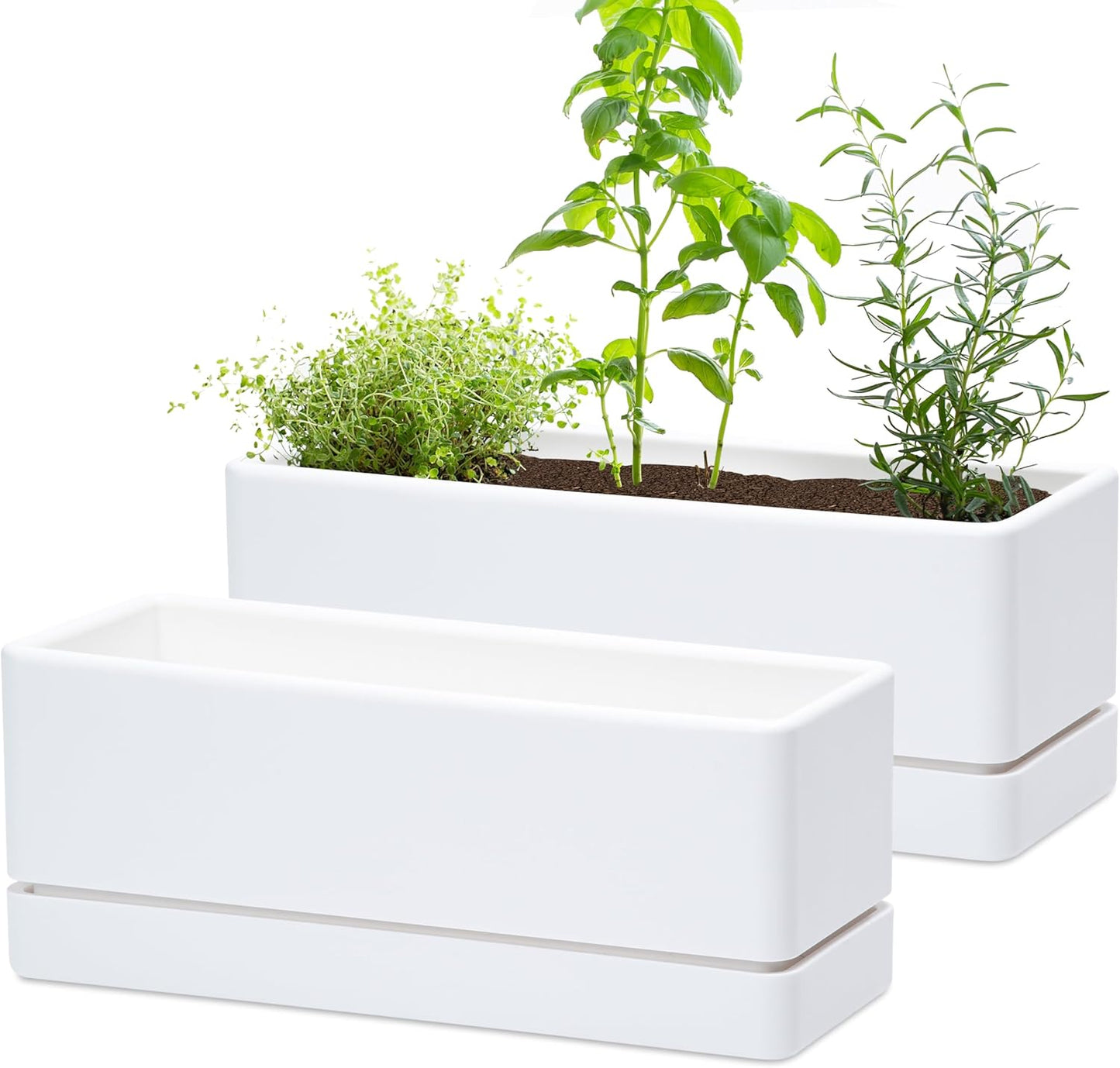 D'vine Dev 12 Inch Window Box Planter, Rectangle Plastic Herb Planter with Drainage Holes and Saucer, Indoor Succulent Cactus Vegetable Pot for Windowsill, Garden Balcony, White, Set of 2, 76-X-A-2