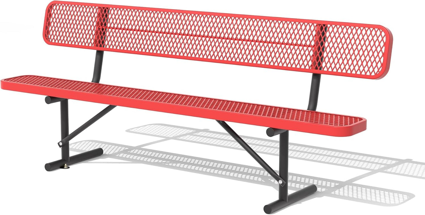 Heavy Duty Park Bench with Back Portable Frame, Outdoor Steel Bench with Backrest, Outdoor Park Bench Expanded Metal Mesh Bench for Lawn, Park, Deck, Garden, Patio, Porch, Black (Red, 8FT)