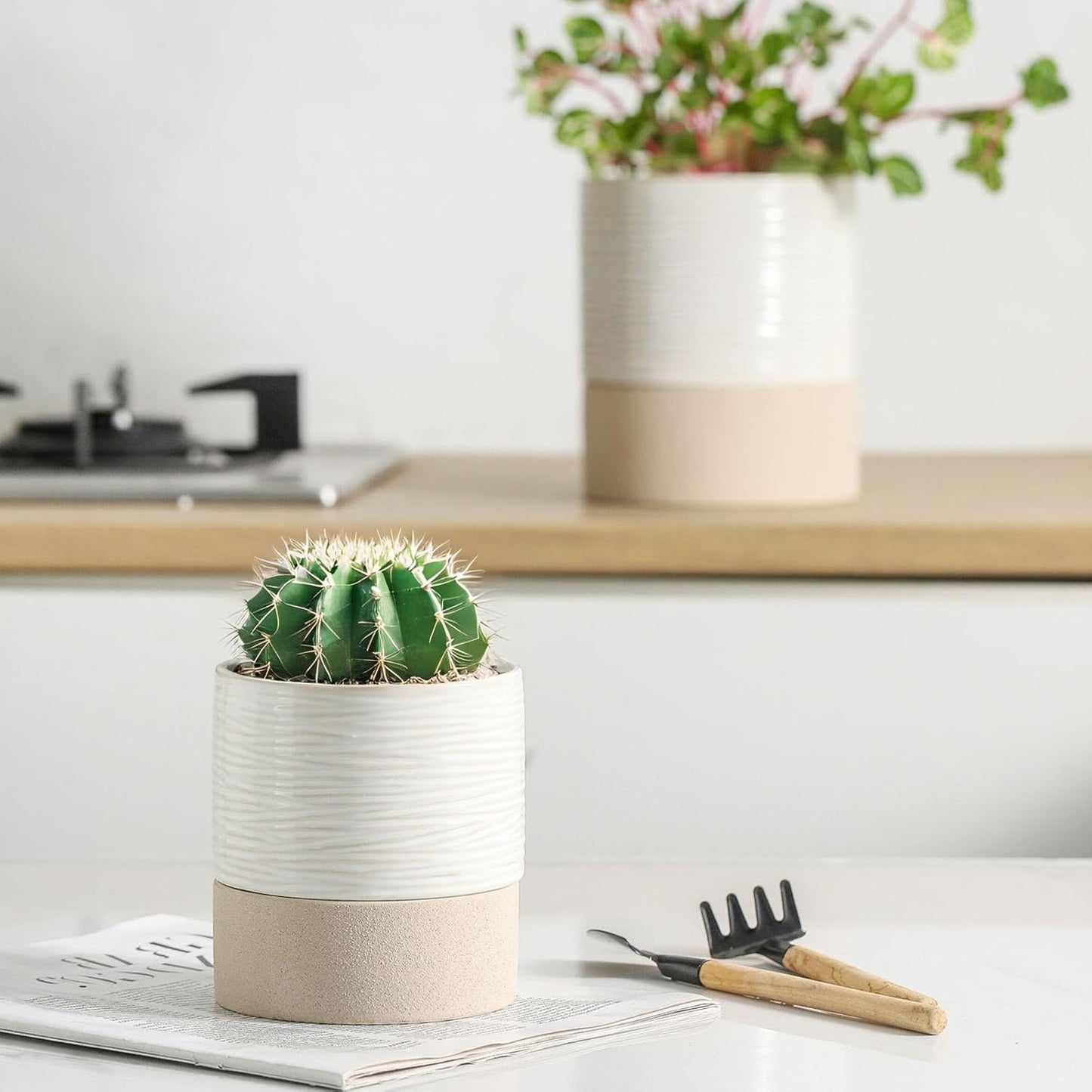 Nihow Self Watering Plant Pot for Indoor Plants: 4.5+6 Inch Ceramic Planter with Drainage Hole & Water Storage Plus - Cylinder Flower Pot with Wick for Herbs -White & Brown