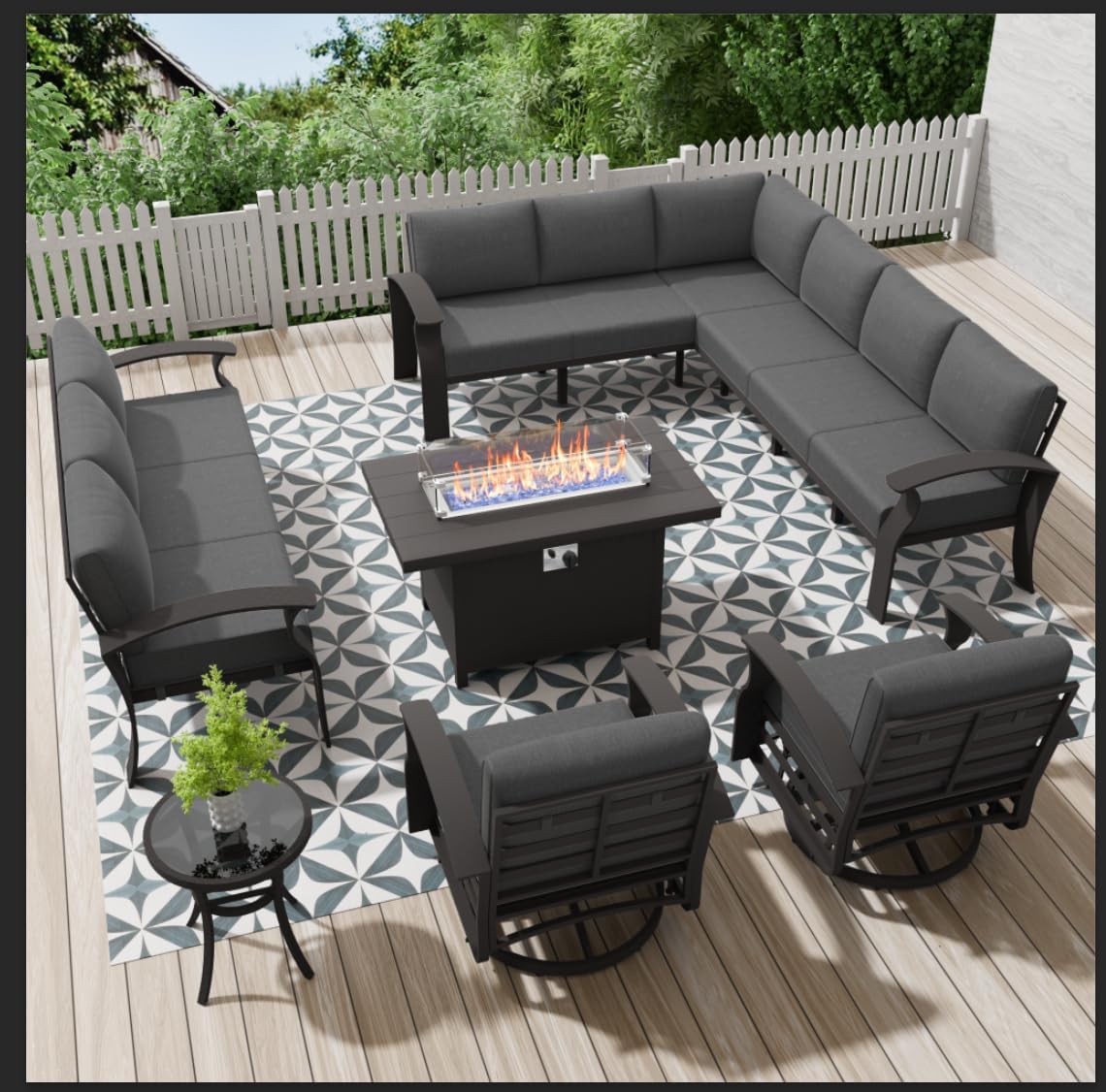 Aluminum Patio Furniture Set with Fire Pit Table, 11 Seats Outdoor Patio Conversation Set with Swivel Chair Modern Metal Patio Sectional Sofa with Coffee Table for Patio, Backyard(Grey).