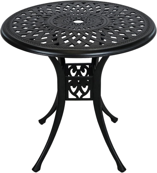 30.3 Inch Round Patio Table Cast Aluminum Patio Table,Metal Patio Dining Table with Umbrella Hole,All Weather Outdoor Bistro Dining Table for Backyard, Garden, Balcony, Black