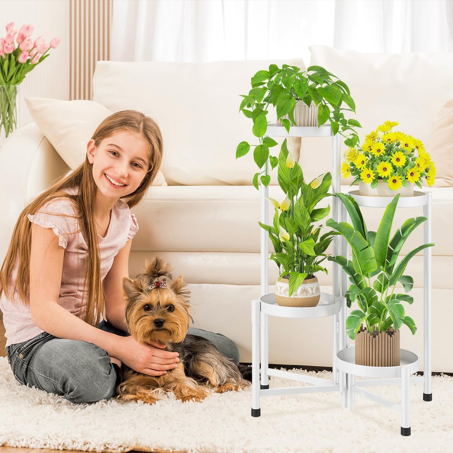 iDavosic.ly Plant Stand Indoor Outdoor, 4 Tier Corner Metal Flower Display Holder Shelf, Folding Tall Orchid Rack for Patio Balcony Porch Garden Living Room House, White