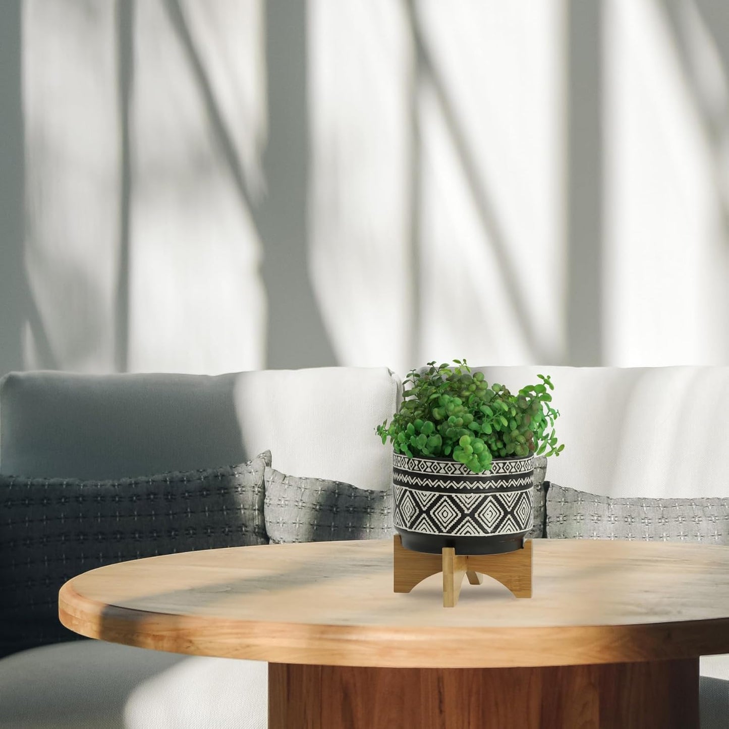 Sagebrook Home Ceramic Planter with Stand - Decorative Stoneware Pot for Indoor & Outdoor Use - Modern Boho Design with Wooden Base - Stylish Plant Holder for Succulents & Flowers - 8", Black