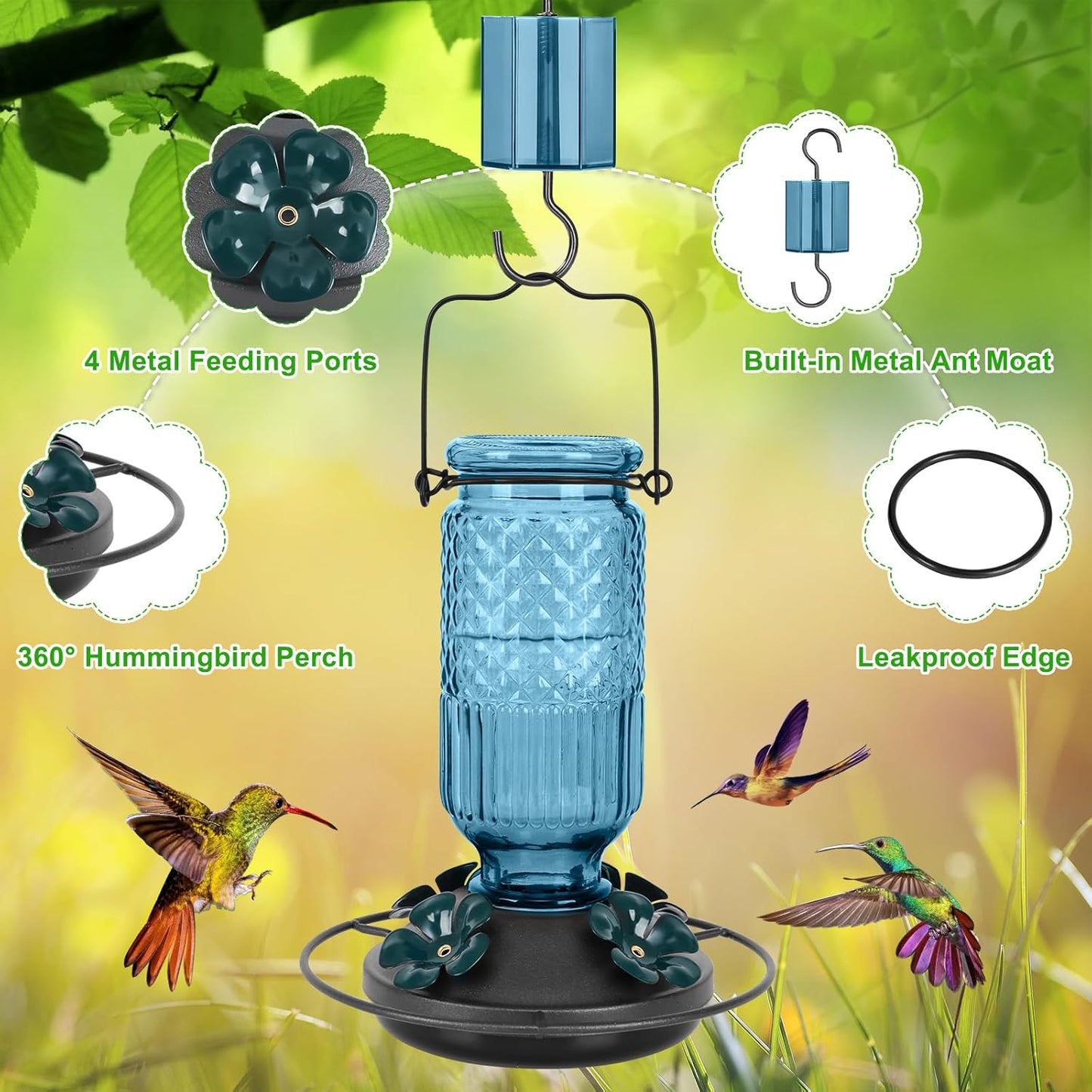 FEED GARDEN Glass Hummingbird Feeder for Outdoors Hanging, 16 OZ Humming Birds Feeders with 4 Bee Guard Feeding Ports & Built-in Ant Moat, Hummingbird Gifts for Mom, Bird Feeder for Outside, Blue