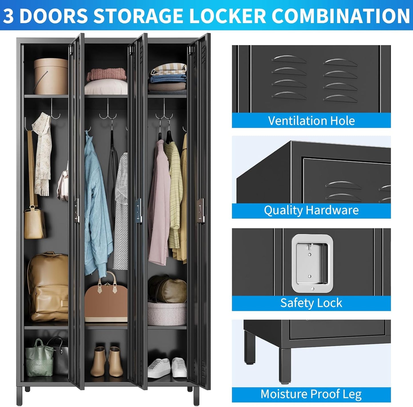 72" Metal Lockers for Employees with 3 Door, Black Metal Storage Cabinet with 9 Hooks, Industrial Locker, Assembly Required, for Gym, School, Classroom, Home, Office, Industrial