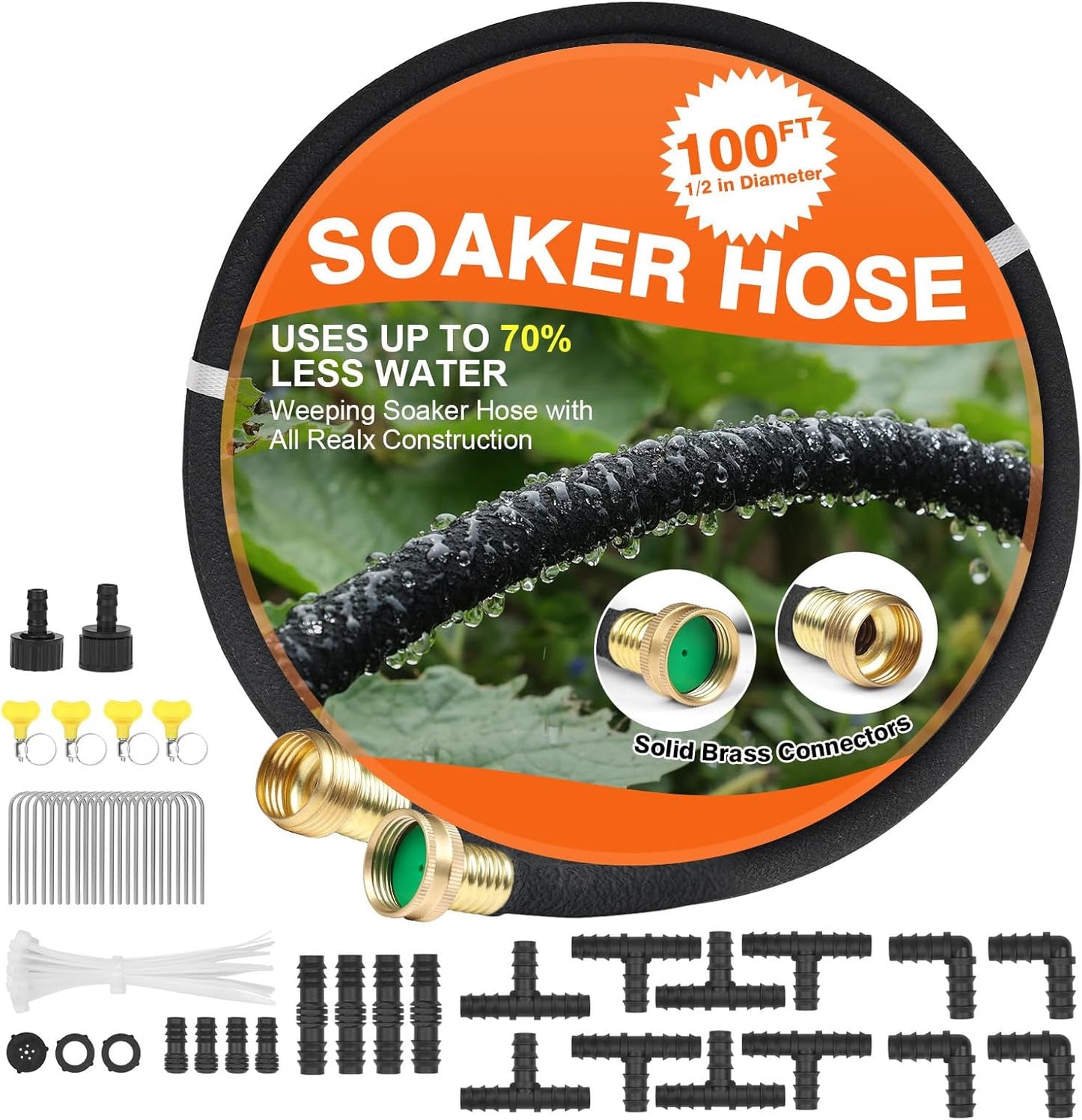 Soaker Hose 100 FT for Garden with 1/2" Diameter Irrigation Hose Save 70% of Water Solid Brass Interface Eminently Suitable for Lawn and Garden Bed Cover