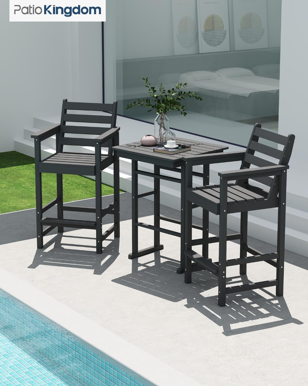 3-Piece Outdoor Bar Set with Beige 11FT Cantilever Umbrella, HDPE Tall Balcony Adirondack Chairs and Table, Outdoor Bar Stools for Patio (Grey)