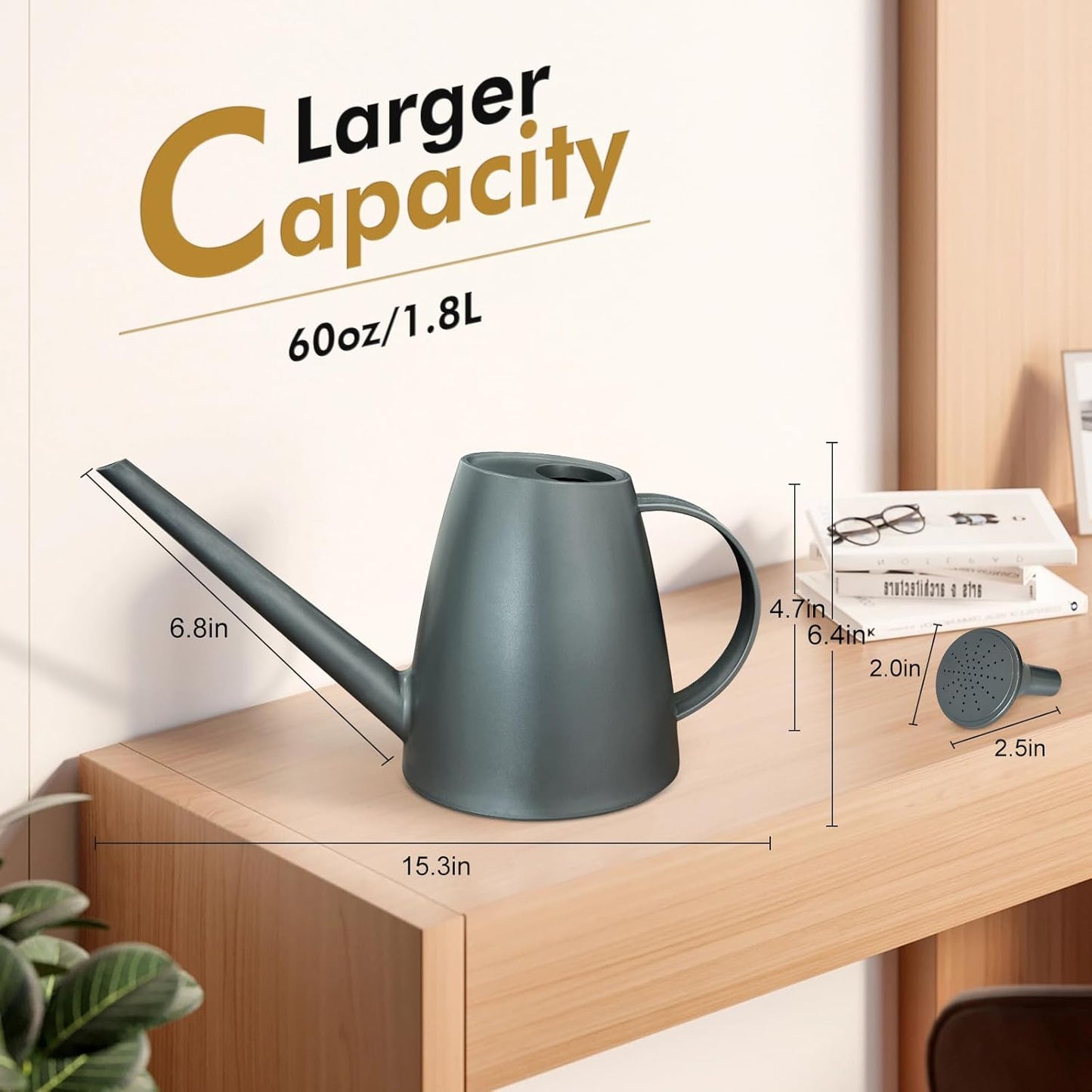 Watering Can for Indoor Outdoor Plants, Modern Small Watering Cans with Removable Nozzle, Long Spout Watering Can for Indoor Bonsai Plants Garden Flowers 1/2 Gallon 1.8L 60OZ (Gray)