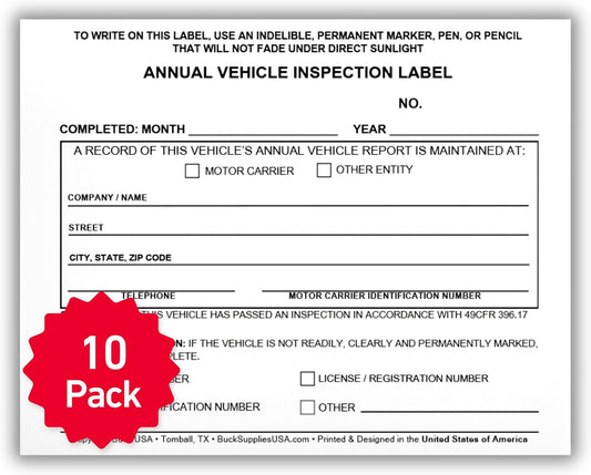 10 Pack Buck Annual Vehicle Inspection Label, 2-Ply Adhesive Vinyl with Mylar Laminate, FMCSA & DOT Compliant, Weatherproof, Tear Resistant, Easy to Write On, 5" x 4" - Made in USA