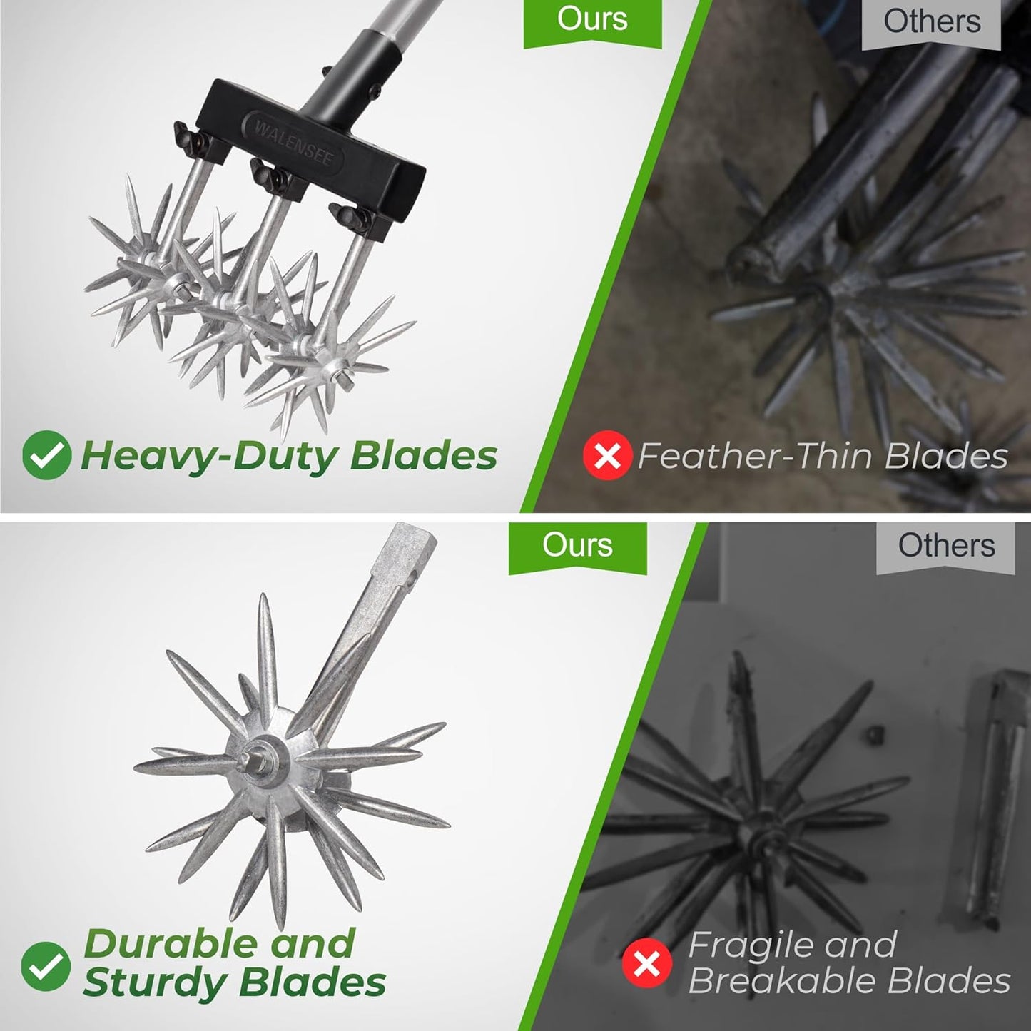 Walensee Rotary Cultivator Garden Tool – Adjustable Hand Tiller for Gardening & Lawn Care with Rustproof Aluminum Blades, Telescopic Handle, Lightweight Nylon Base – Soil Aerator & Grass Reseeder