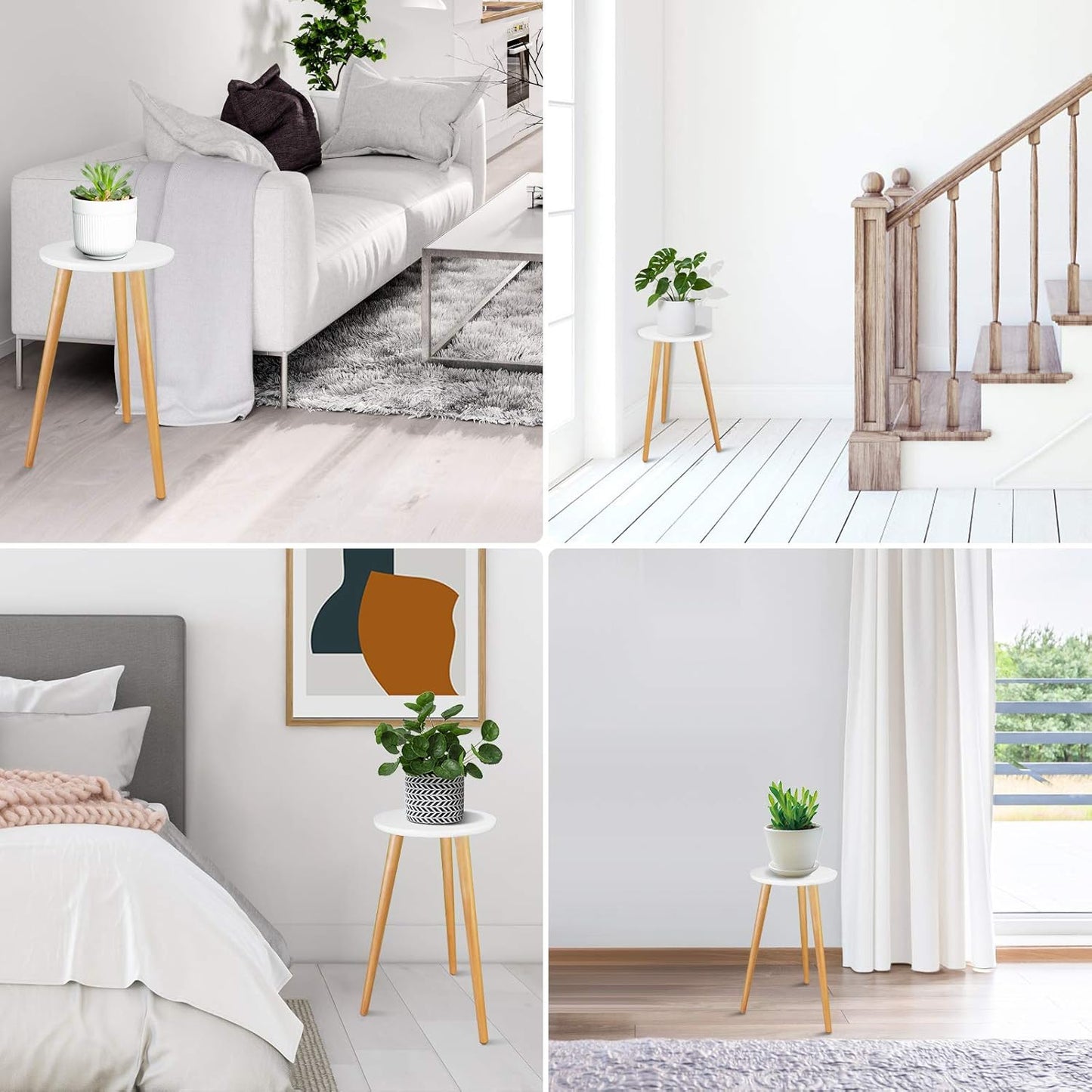 Uneedem Indoor Plant Stand - Mid Century Wooden Plant Table, Tall Holder for Flower Pots, Small Round End Table (A3-White, High: 20.5")