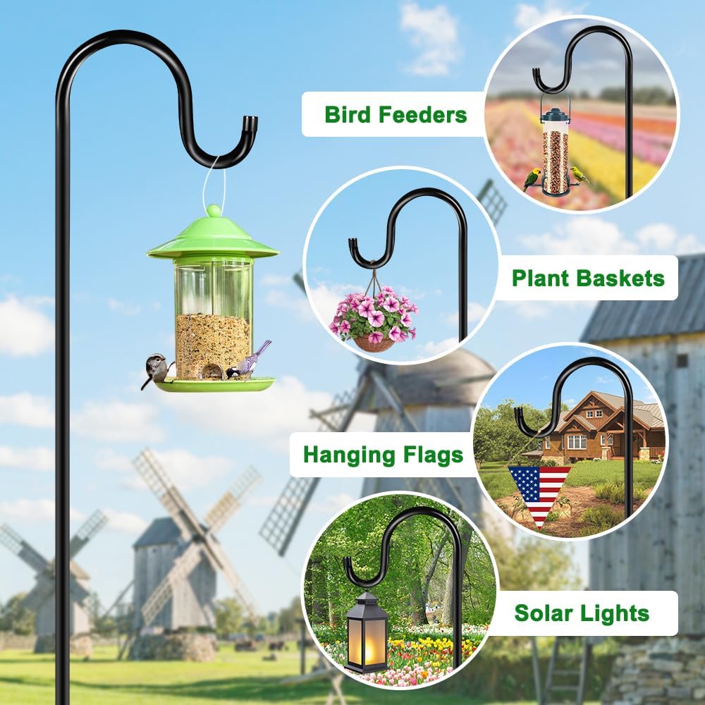 36 Inch Shepherds Hooks for Outdoor, Heavy Duty Bird Feeder Pole with 5 Prong Bases, Garden Hanging Stake for Bird Feeder, Solar Light, Plant Hanger, Wedding Decor, Metal Hanger Hooks, Black, 2 Packs