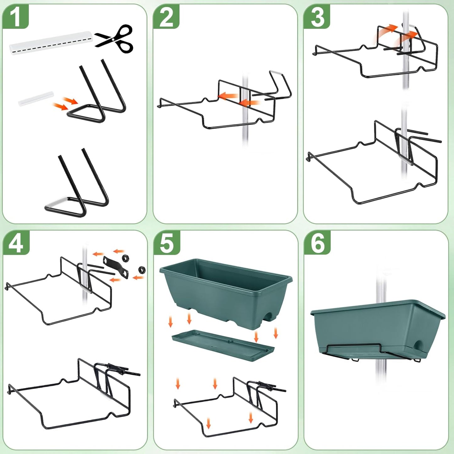 HAITRAL Railing Planter Boxes (16.9 Inch, 6 Pack) Green Plastic Deck Rail Planters for Outdoor Plants, Hanging Window Boxes with Drainage Tray for Over Rail Porch Fence,Balcony & Home Decor