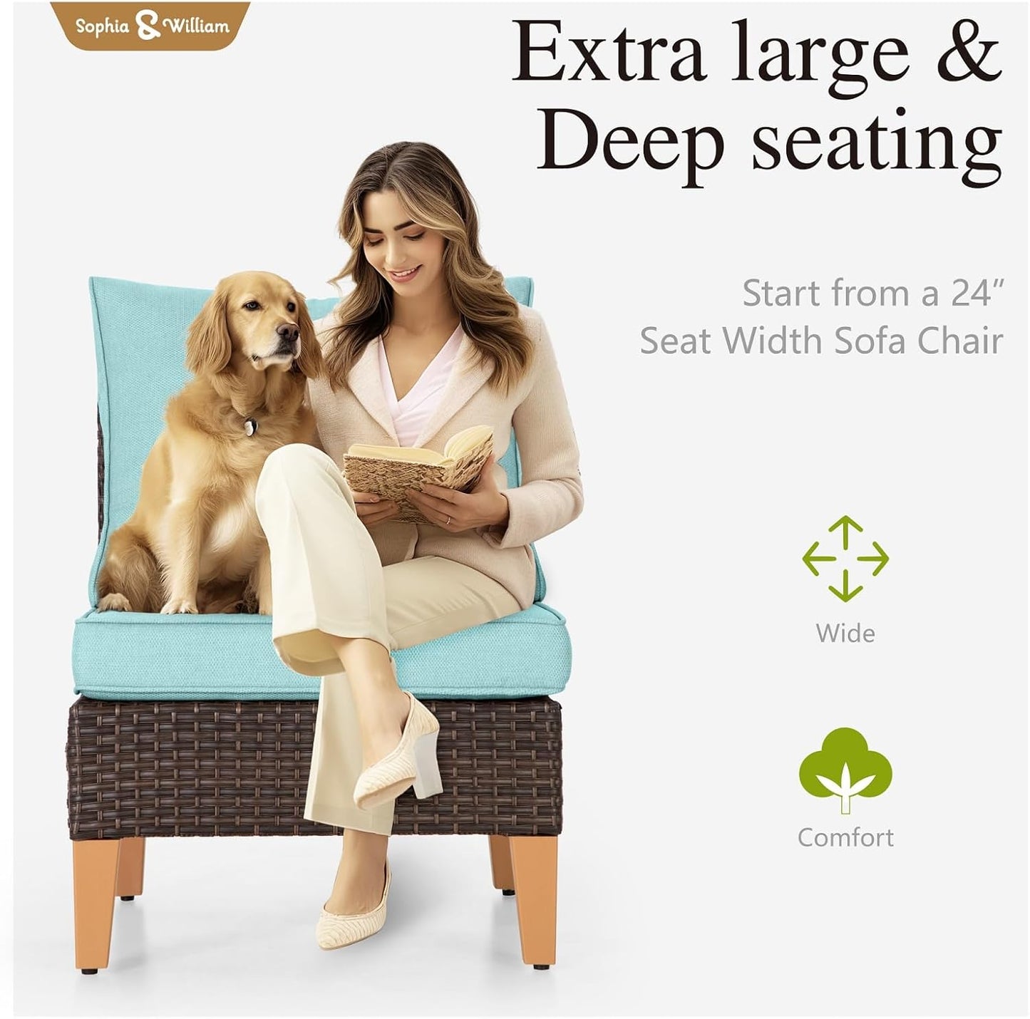 Sophia & William Outdoor Wicker Sectional Sofa Set, 7 Piece Half Moon Curved Patio Furniture Modern Round Outdoor Couch Conversation Set with Ottoman for Backyard, Pool, Garden(Aqua Blue)