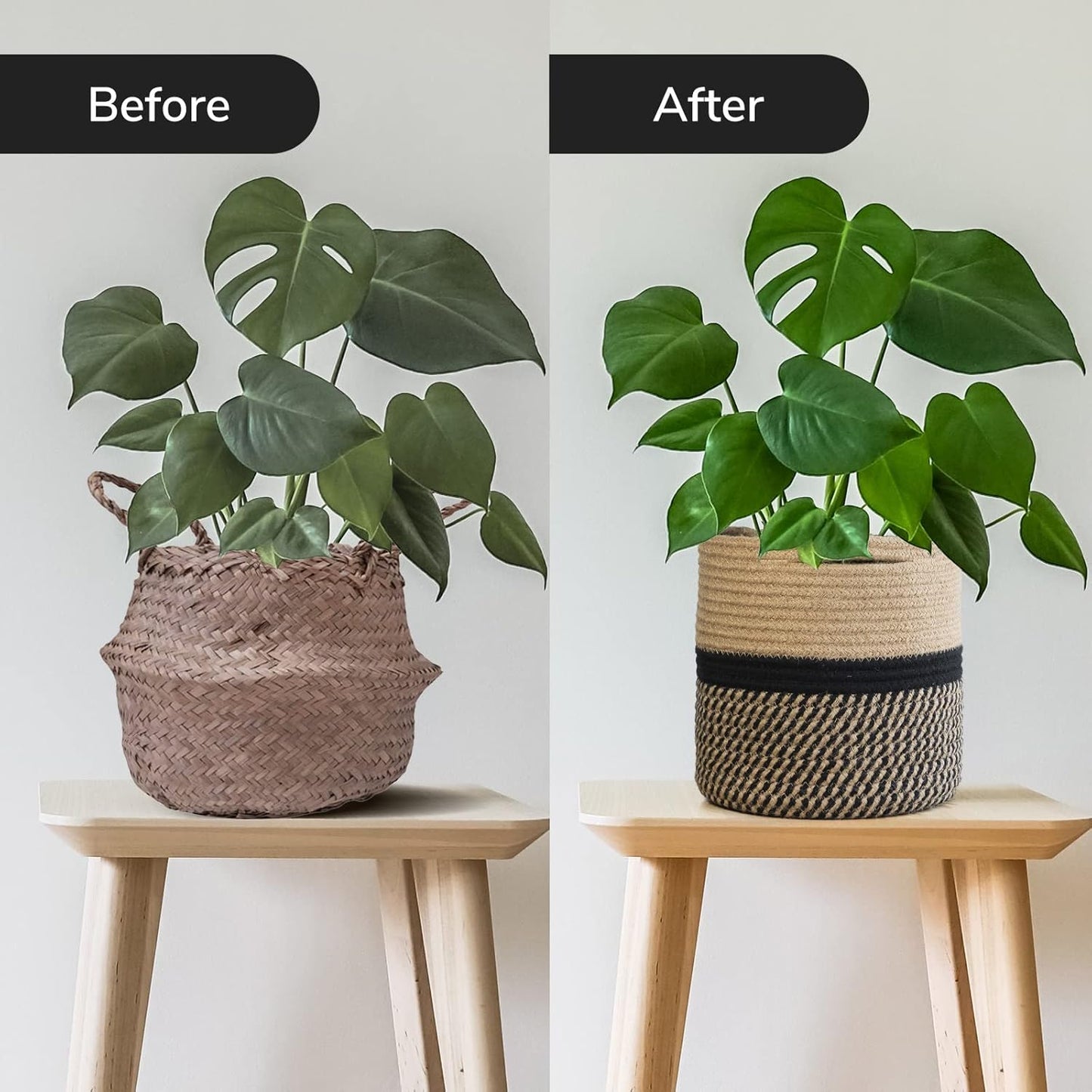 TIMEYARD Sturdy Jute Rope Plant Basket Modern Woven Basket up to 7.5 Inch Flower Pot Floor Indoor Planters, 8” x 8” Storage Organizer Baskets Rustic Home Decor, Black Stripes