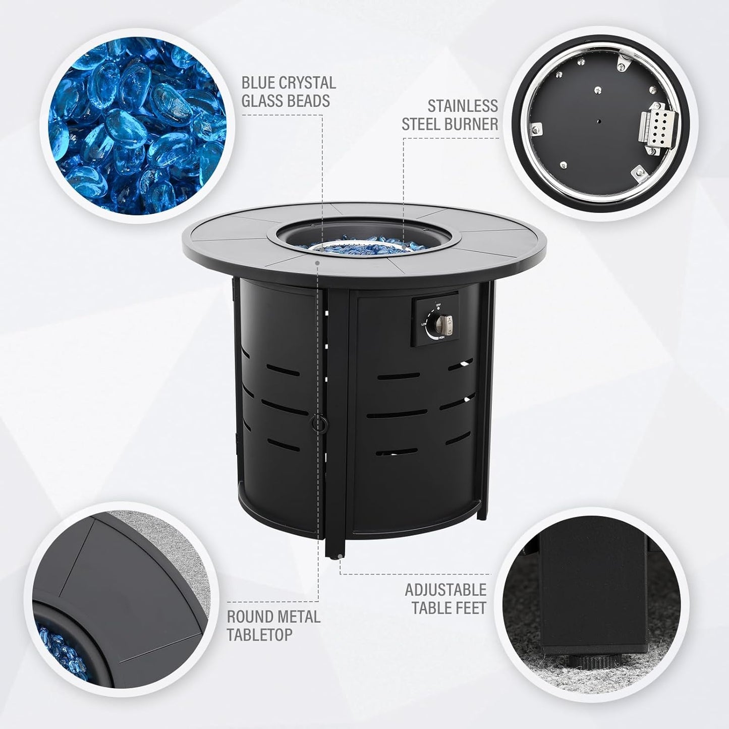 30 Inch Fire Tables Round Tabletop 50000 BTU Outdoor Fire Pits for Outside Steel Gas Fire Table with Fire Pit Lid Waterproof Cover, Black