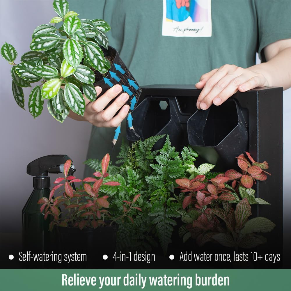 Self Watering Wall Planter with 4 Pots - Easy to Create Indoor Living Wall for Home, Office and Shop Front - Includes Water Gauge (Black)