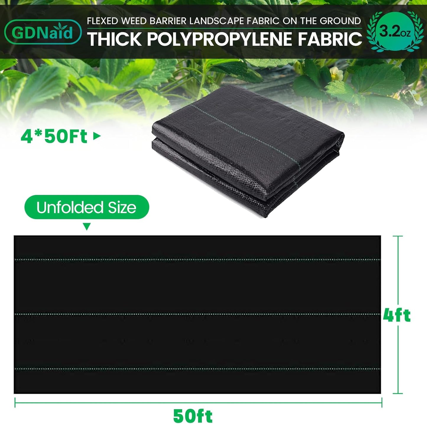 4ftx50ft Weed Barrier Landscape Fabric Heavy Duty, Premium 3.2oz Weed Barrier Fabric Weed Tarp, Weed Fabric, Garden Landscaping Fabric